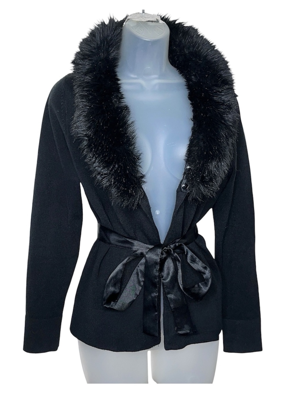 Y2K Style & Co Faux Fur Trim Satin Tie Waist Open Front Jacket Mobwife Winter MP - Picture 4 of 15